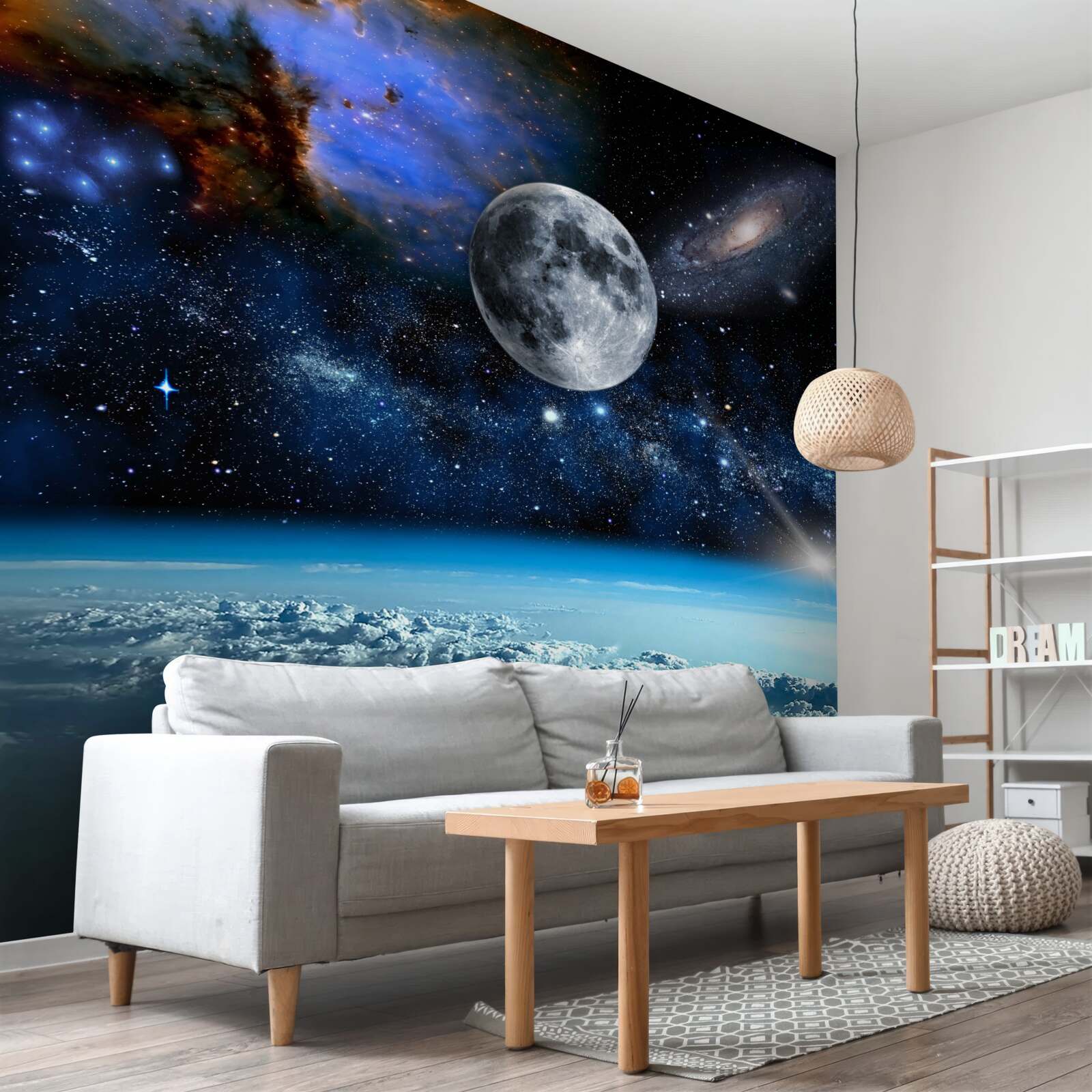 Fotobehang de maan en het universum zijn boven de wolken