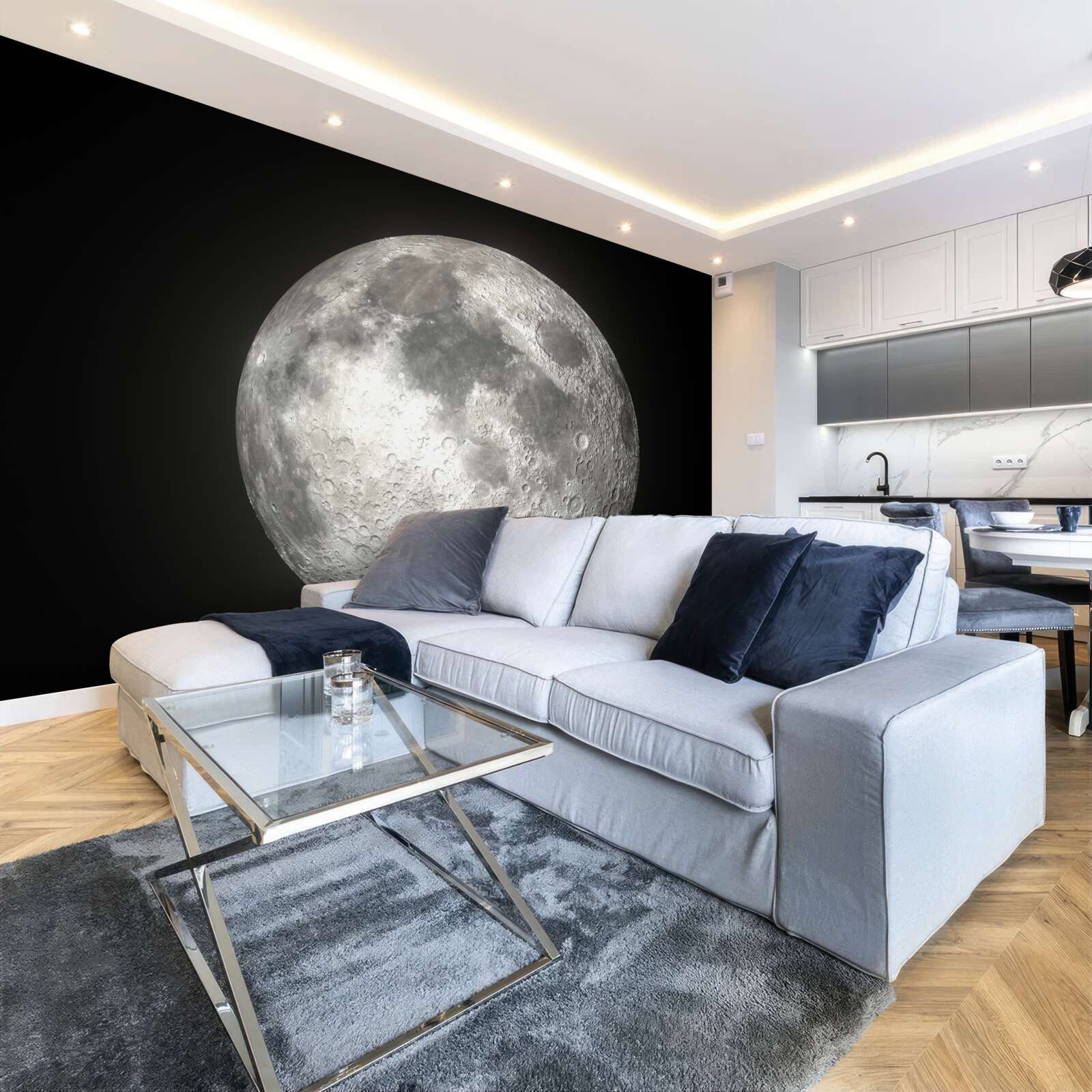 Fotobehang de zwarte achtergrond is versierd met een weergaloze volle maan