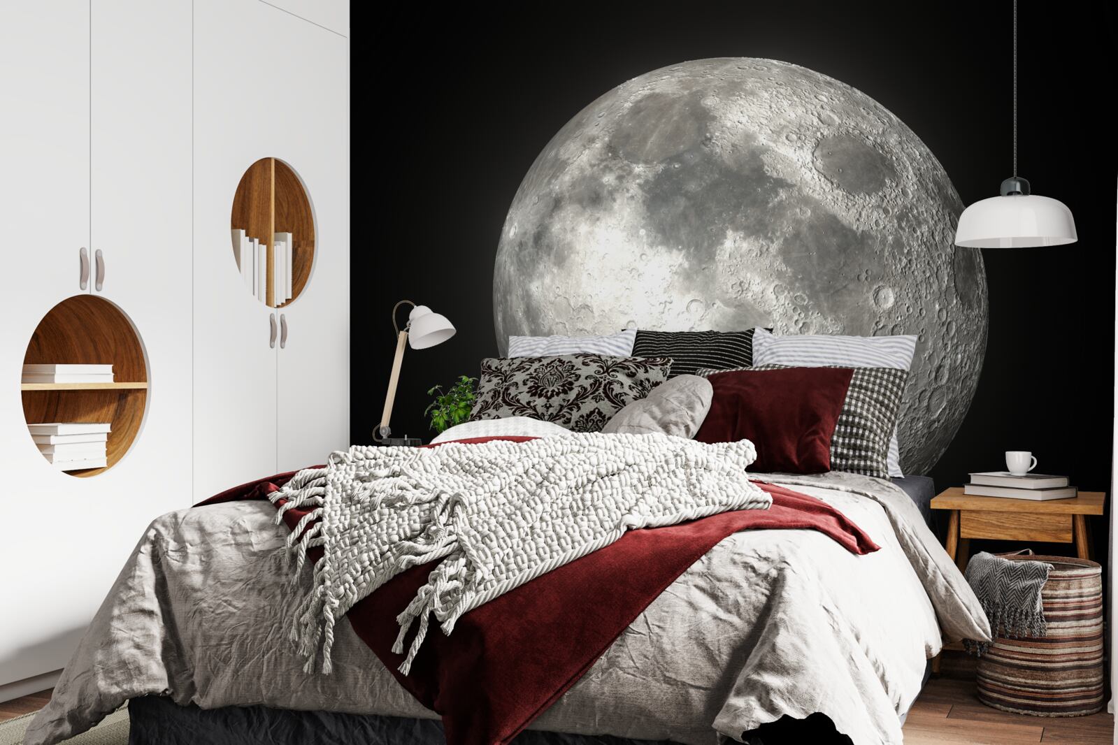 Fotobehang de zwarte achtergrond is versierd met een weergaloze volle maan