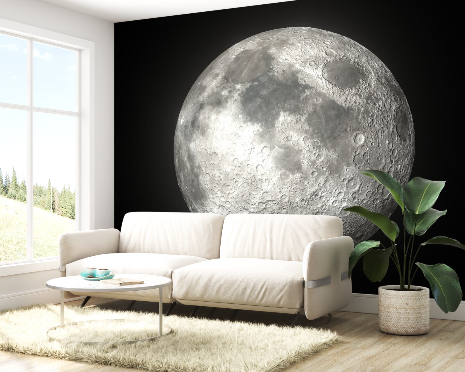 Fotobehang de zwarte achtergrond is versierd met een weergaloze volle maan