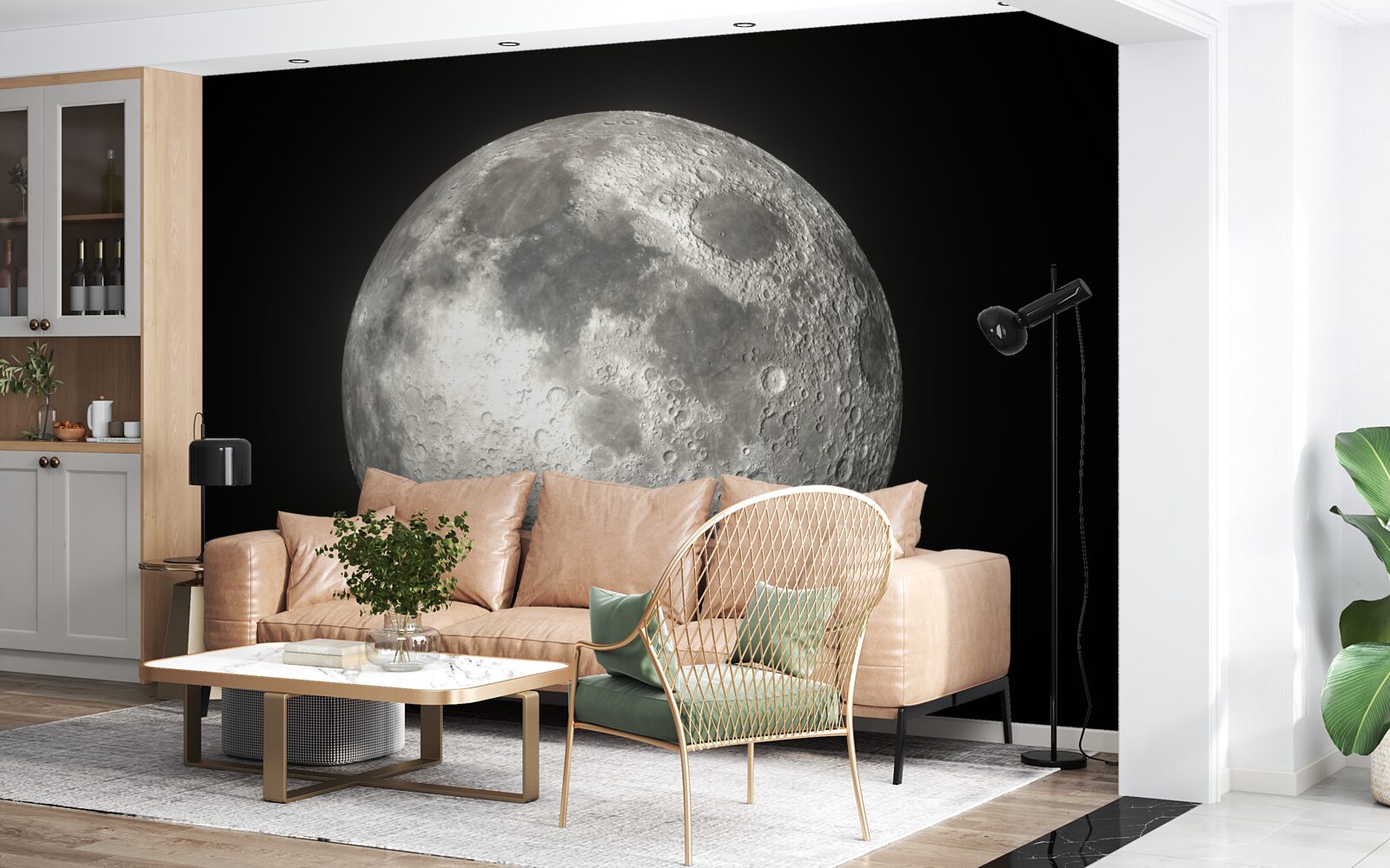 Fotobehang de zwarte achtergrond is versierd met een weergaloze volle maan