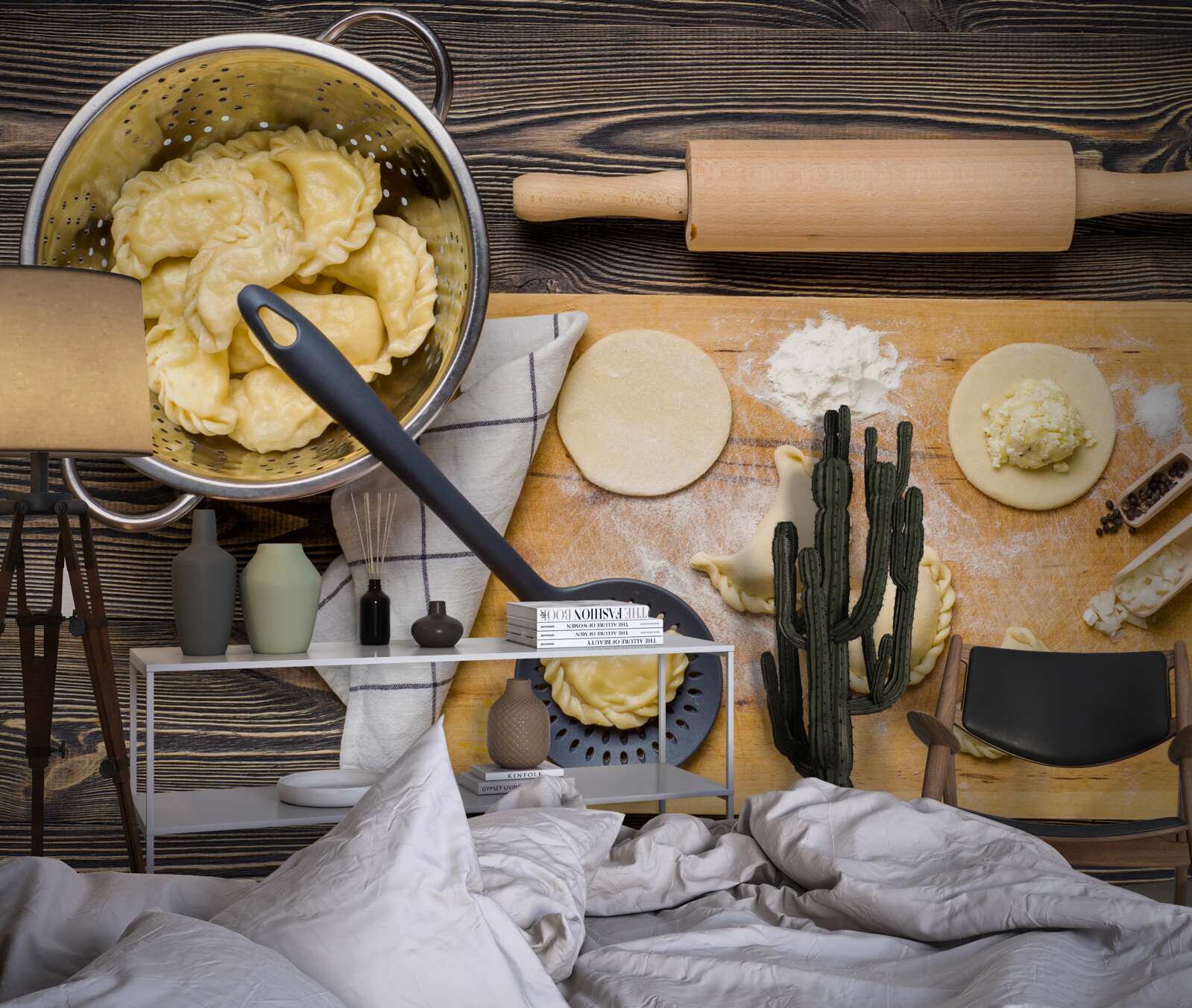Fotobehang het zorgvuldige proces van het bereiden van de knoedels