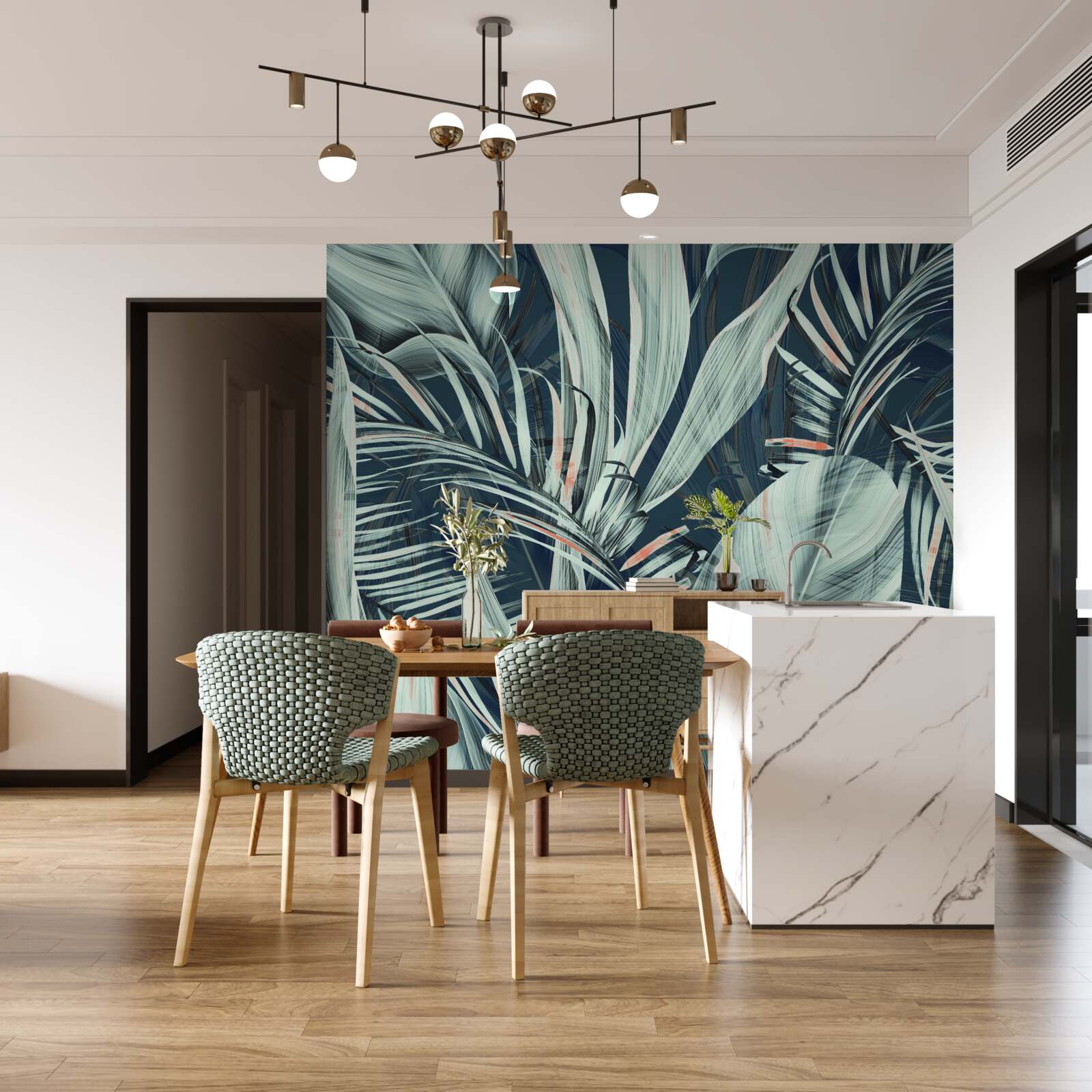 Fotobehang witte varenblaadjes 's avonds