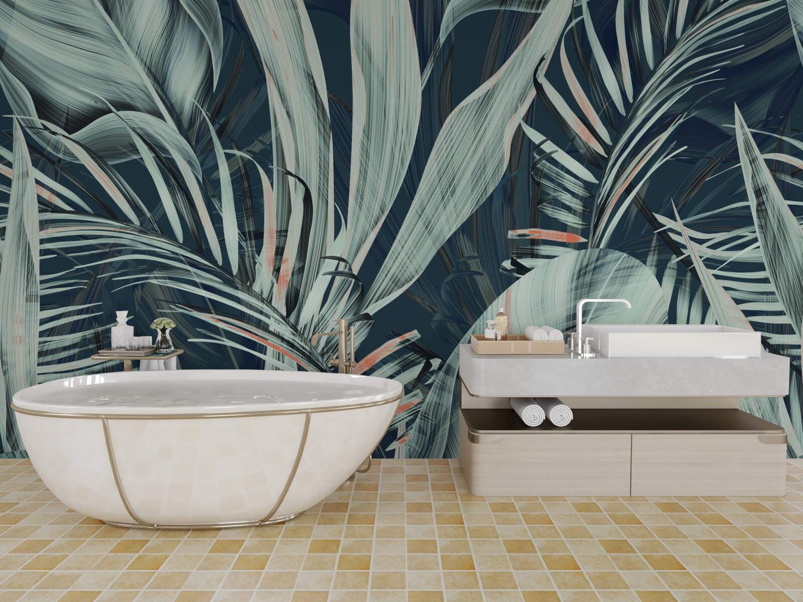 Fotobehang witte varenblaadjes 's avonds