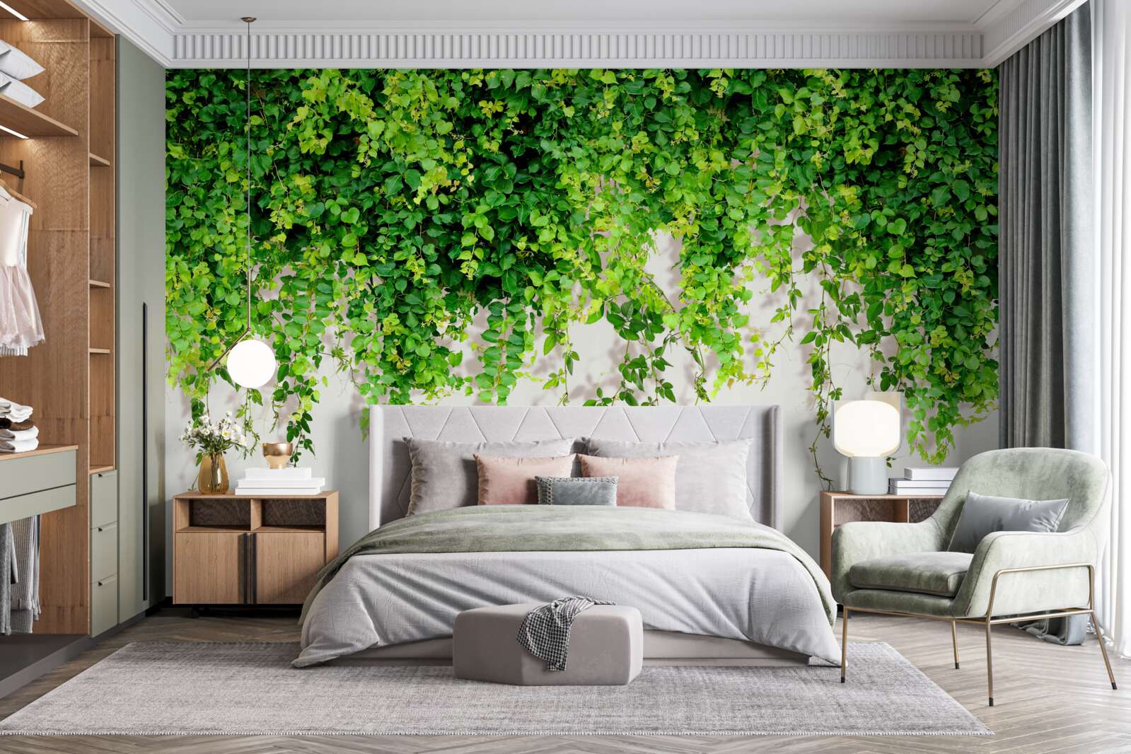 Fotobehang de hangplanten zijn lichtgroen