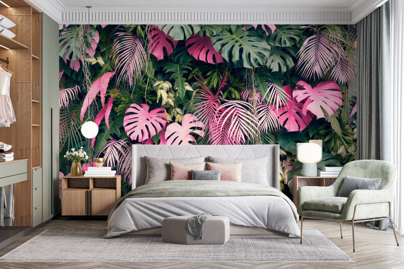 Fotobehang varenbladeren zijn felroze