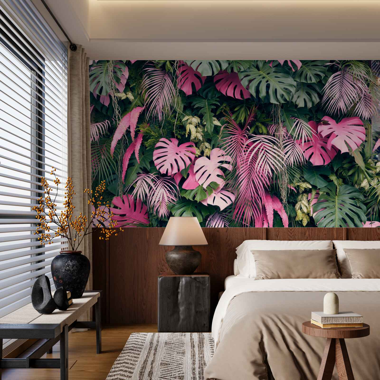 Fotobehang varenbladeren zijn felroze