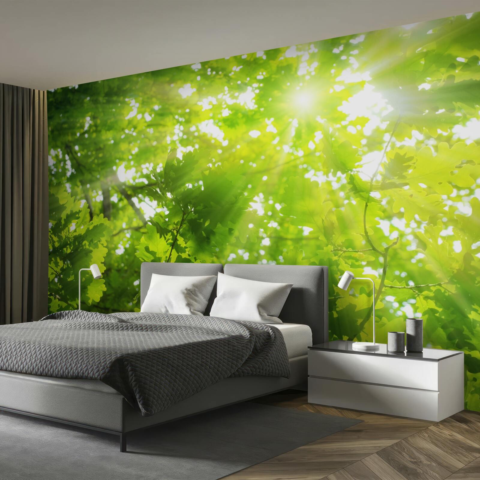 Fotobehang zonnestralen schijnen door het groene struikgewas