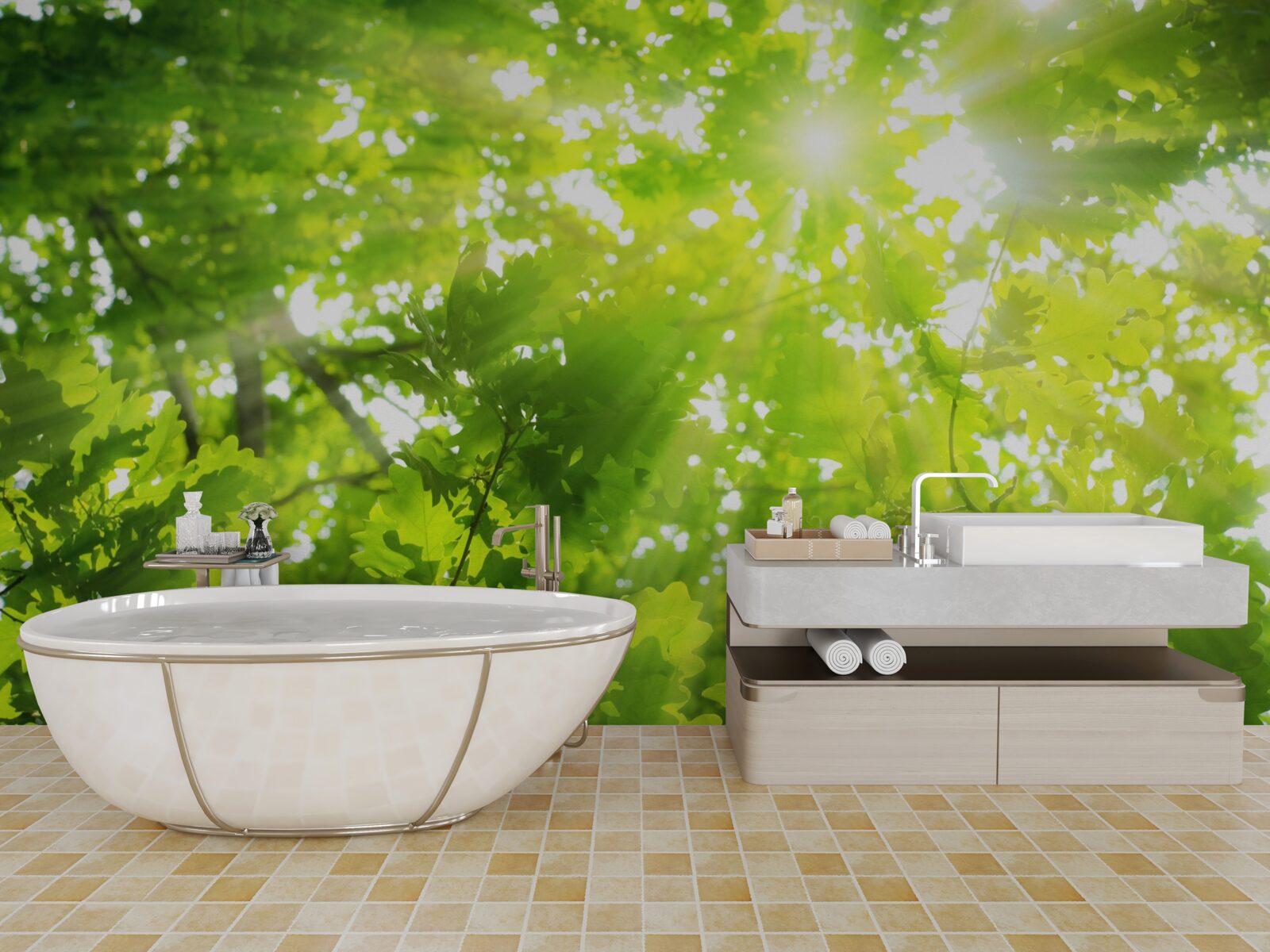 Fotobehang zonnestralen schijnen door het groene struikgewas