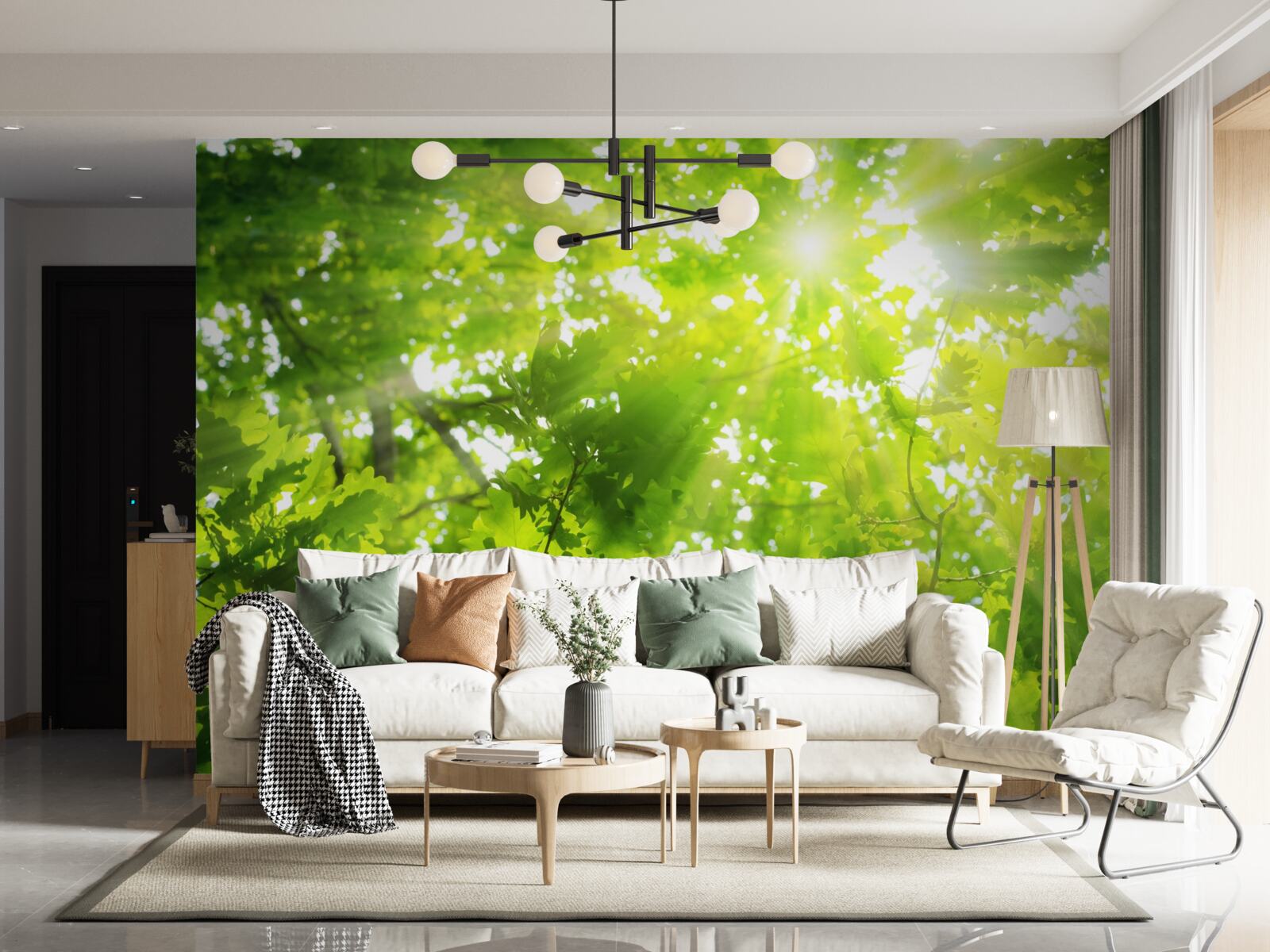 Fotobehang zonnestralen schijnen door het groene struikgewas