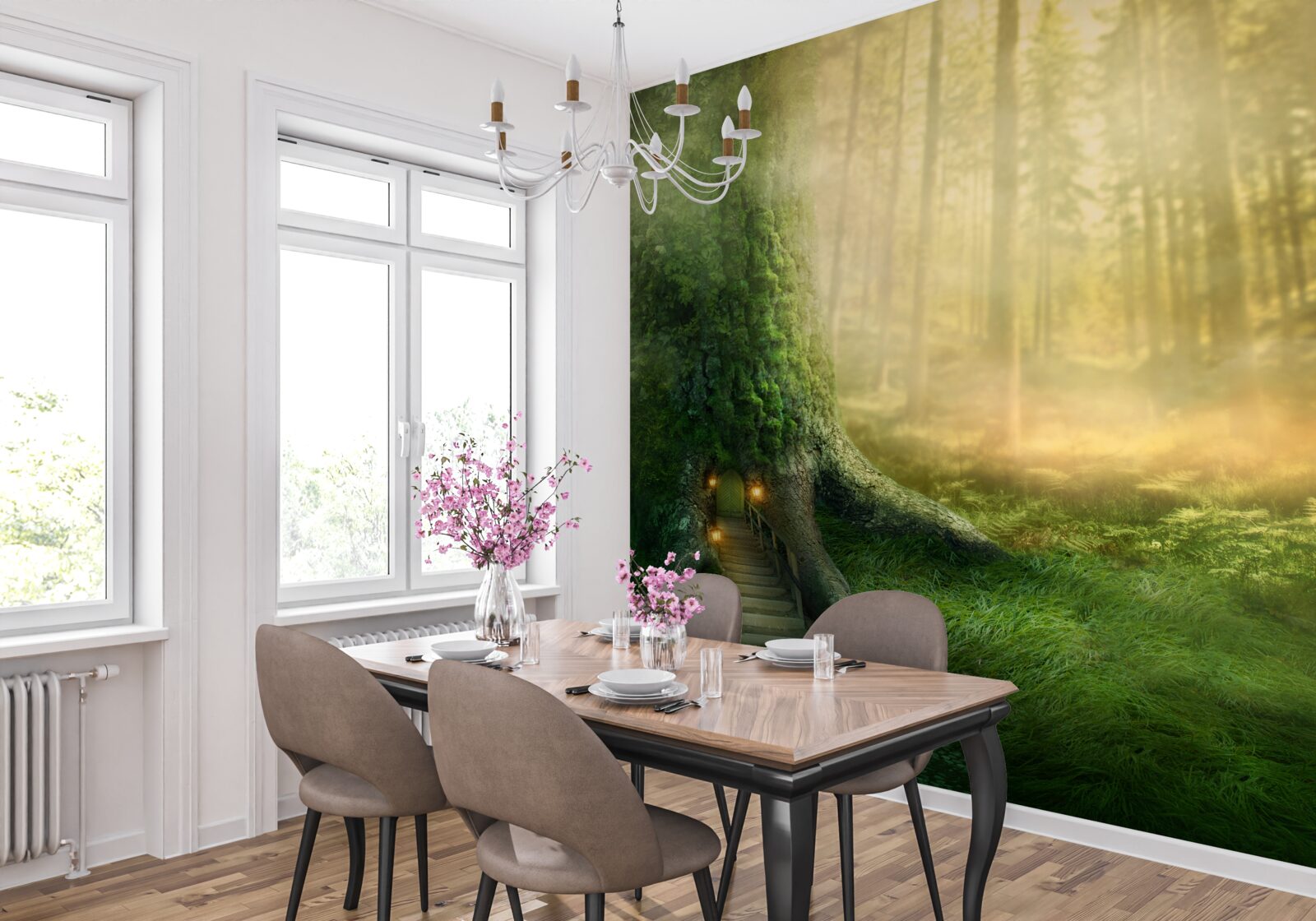 Fotobehang het groene bos is gehuld in dichte mist