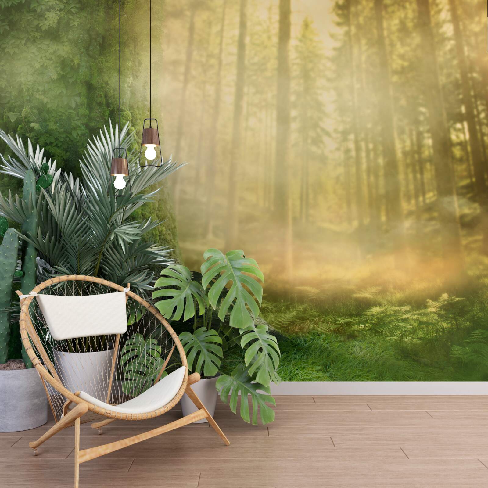 Fotobehang het groene bos is gehuld in dichte mist