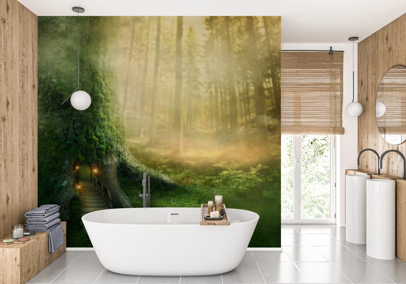 Fotobehang het groene bos is gehuld in dichte mist