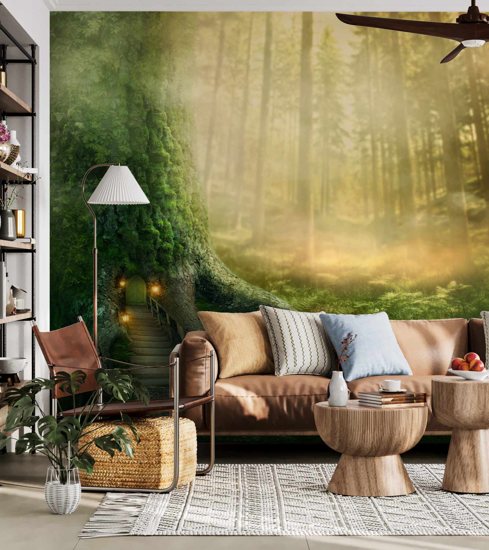 Fotobehang het groene bos is gehuld in dichte mist