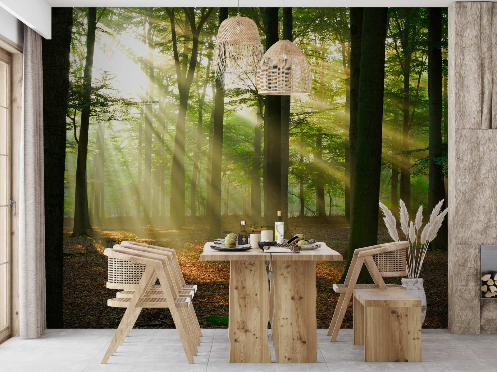 Fotobehang de zonnestralen dringen door de ochtendmist in de woestijn