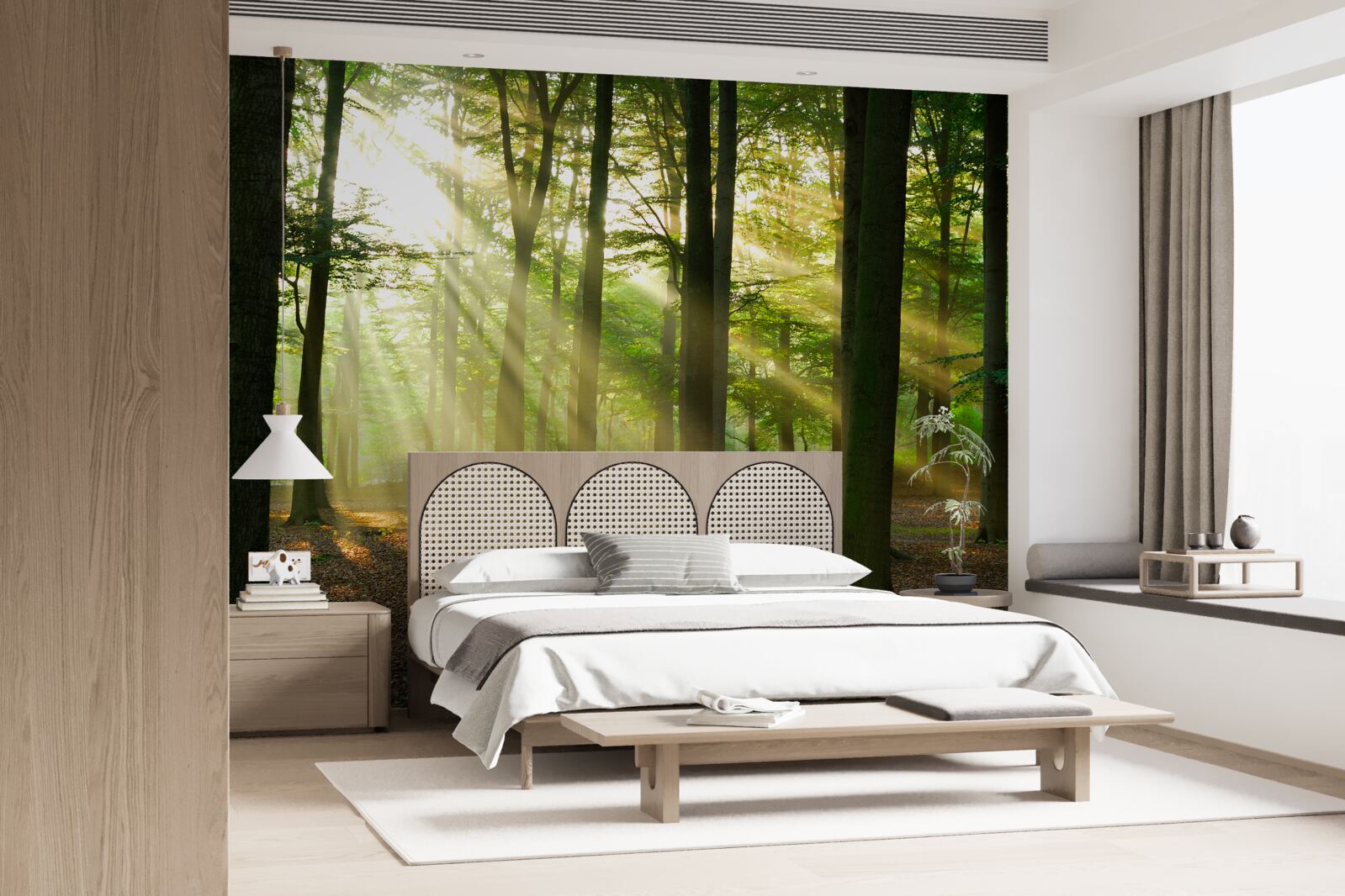 Fotobehang de zonnestralen dringen door de ochtendmist in de woestijn