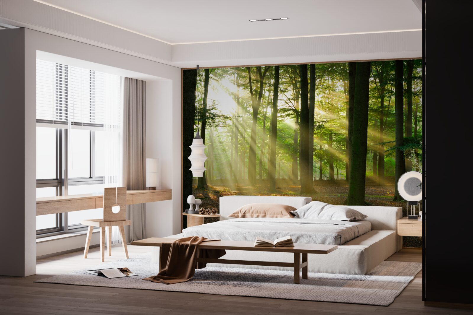 Fotobehang de zonnestralen dringen door de ochtendmist in de woestijn