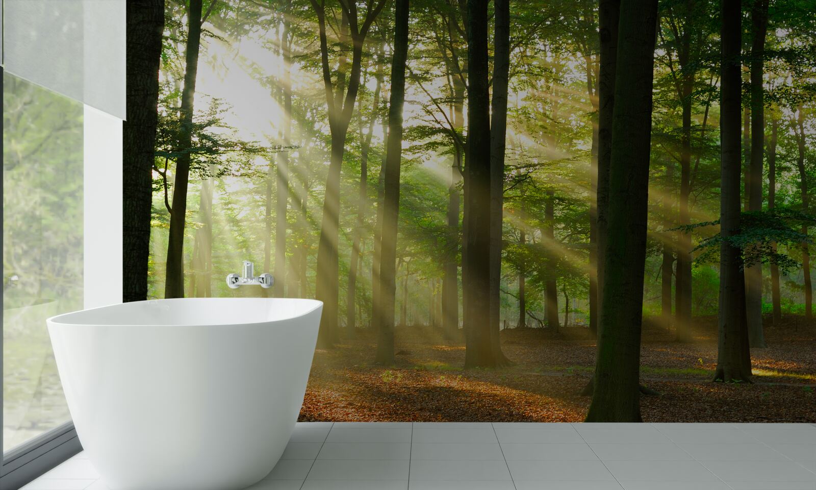 Fotobehang de zonnestralen dringen door de ochtendmist in de woestijn