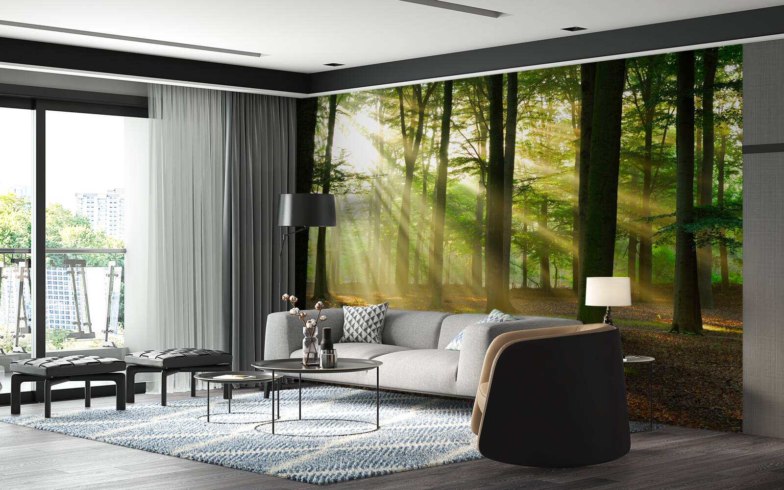 Fotobehang de zonnestralen dringen door de ochtendmist in de woestijn