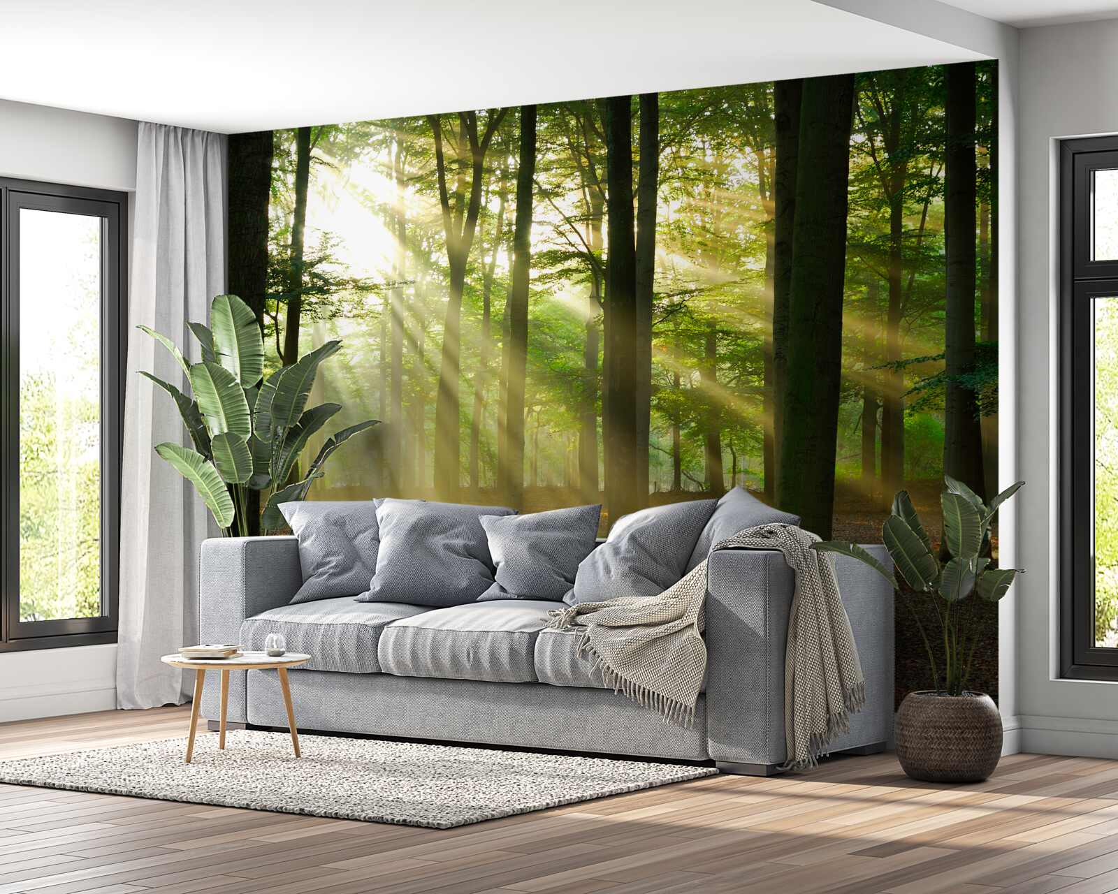 Fotobehang de zonnestralen dringen door de ochtendmist in de woestijn