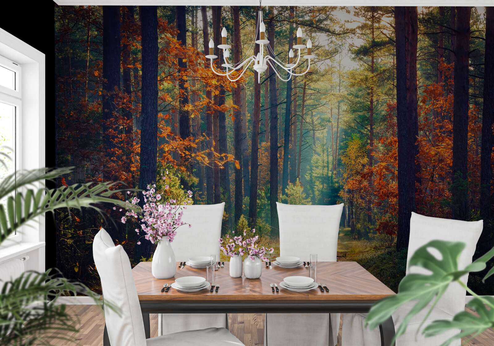 Fotobehang Een zonnestraal in een herfstbos