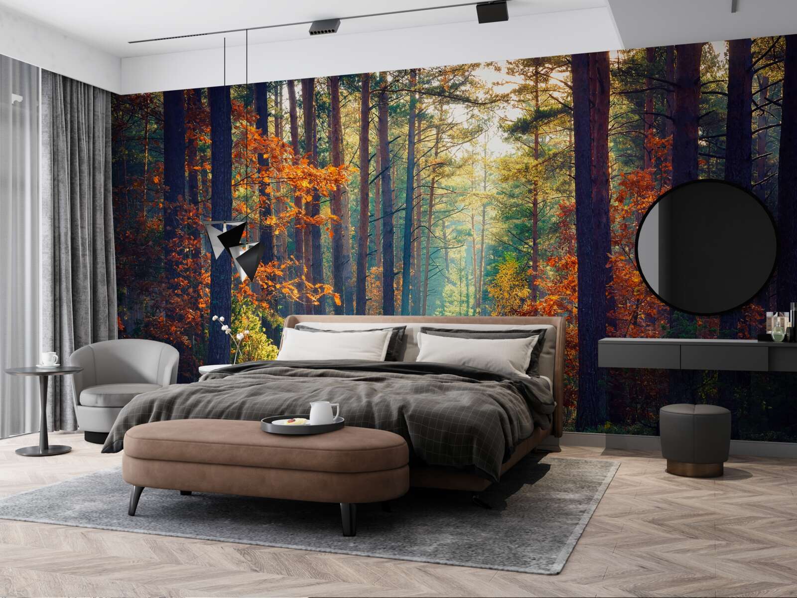 Fotobehang Een zonnestraal in een herfstbos