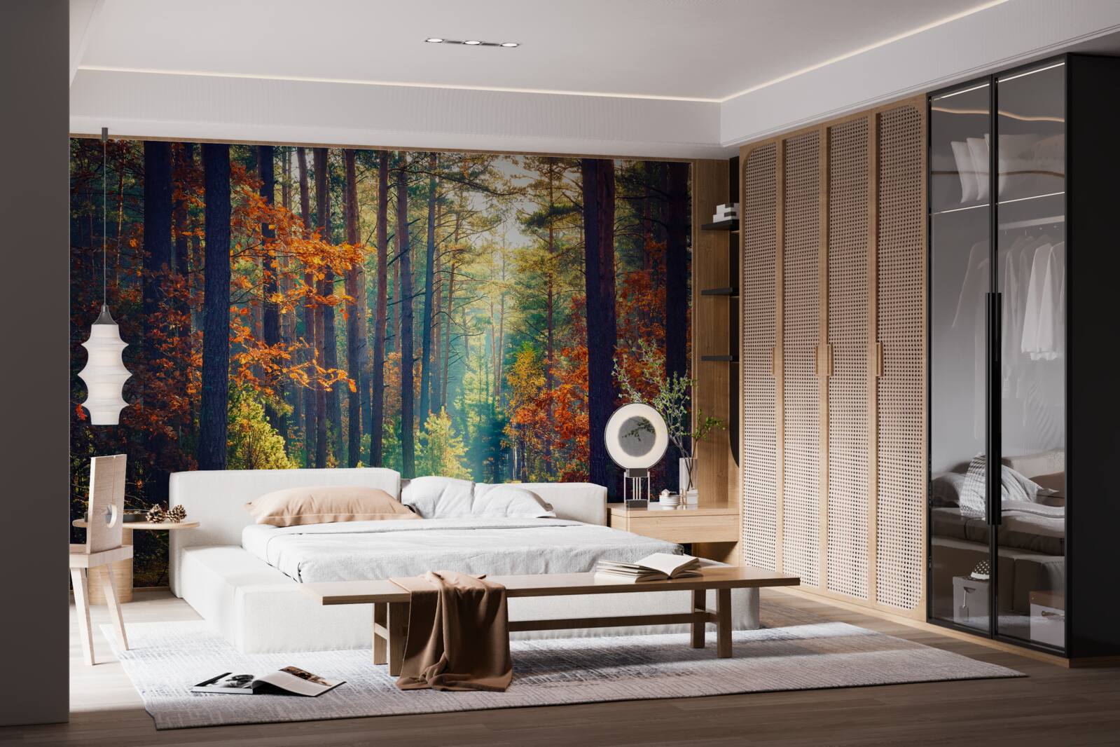 Fotobehang Een zonnestraal in een herfstbos