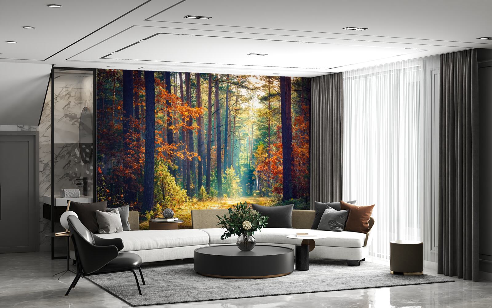 Fotobehang Een zonnestraal in een herfstbos