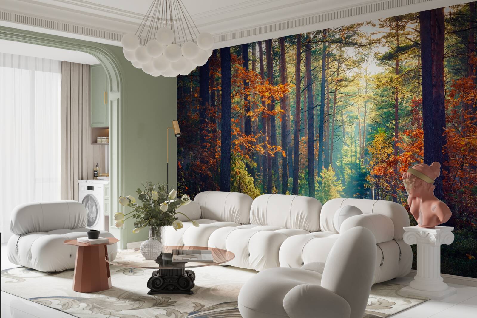 Fotobehang Een zonnestraal in een herfstbos