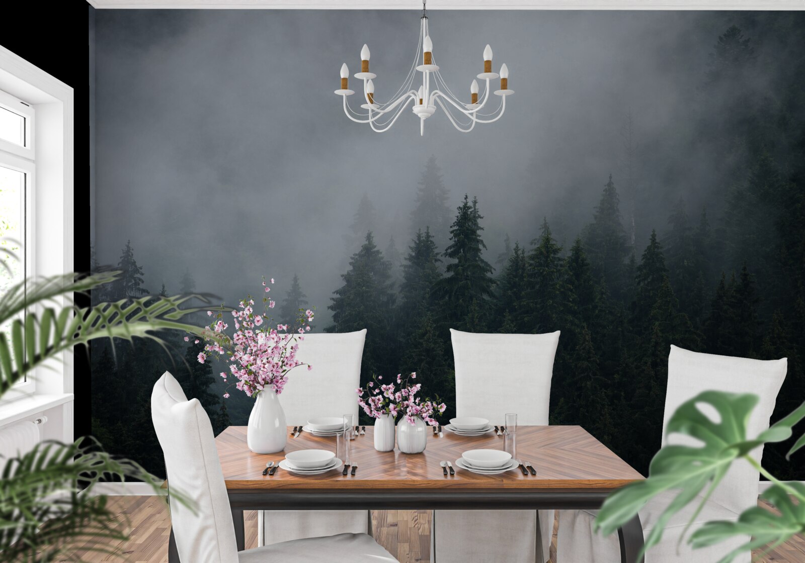 Fotobehang mist daalt neer op een bosje sparrenbomen