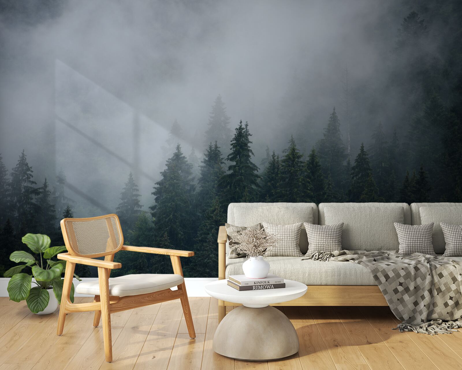 Fotobehang mist daalt neer op een bosje sparrenbomen