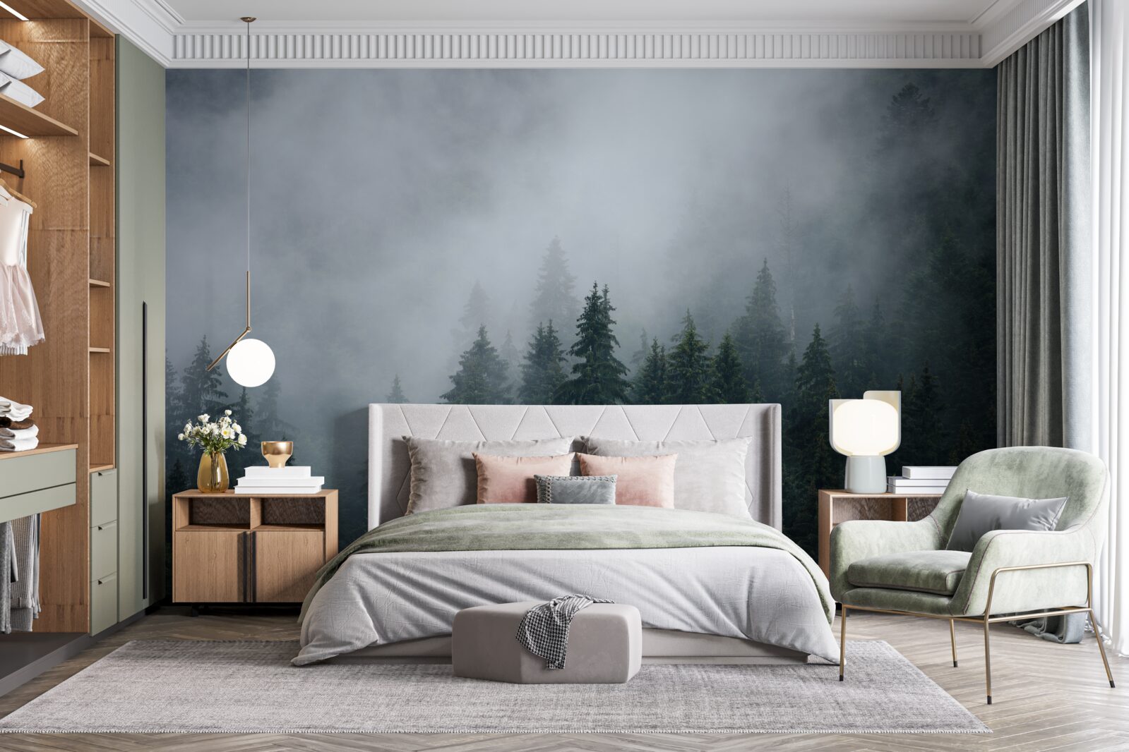 Fotobehang mist daalt neer op een bosje sparrenbomen