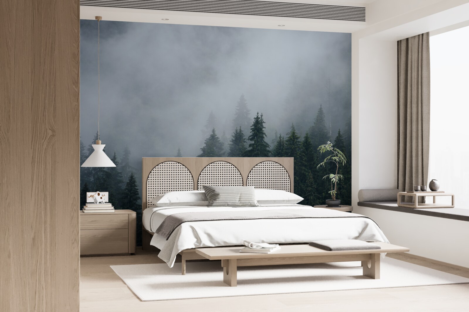 Fotobehang mist daalt neer op een bosje sparrenbomen