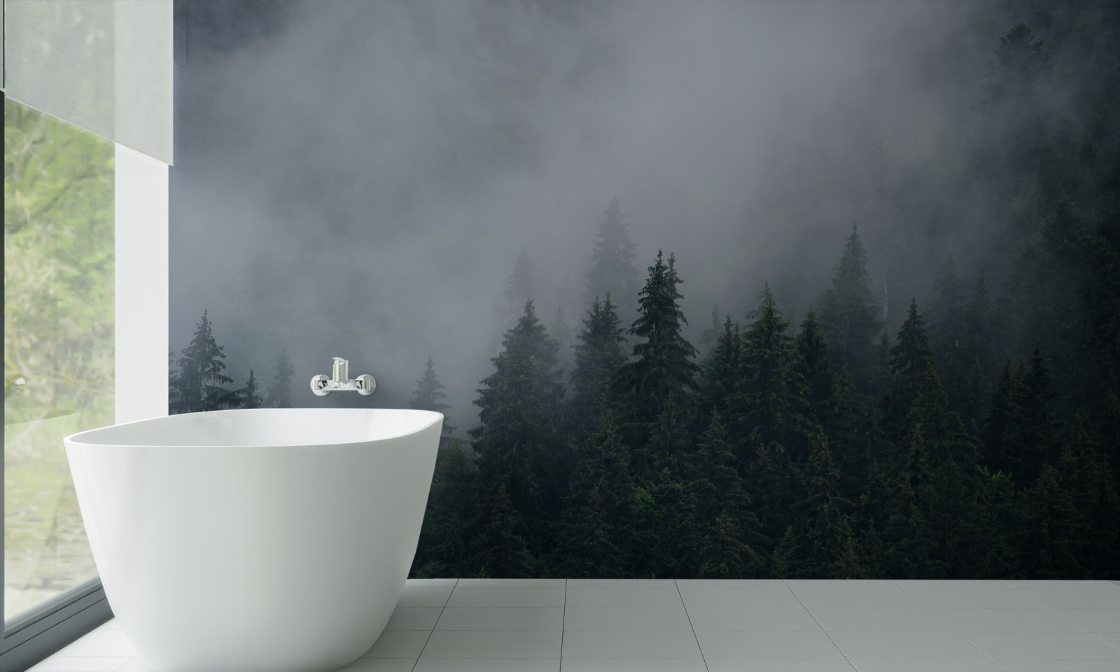 Fotobehang mist daalt neer op een bosje sparrenbomen