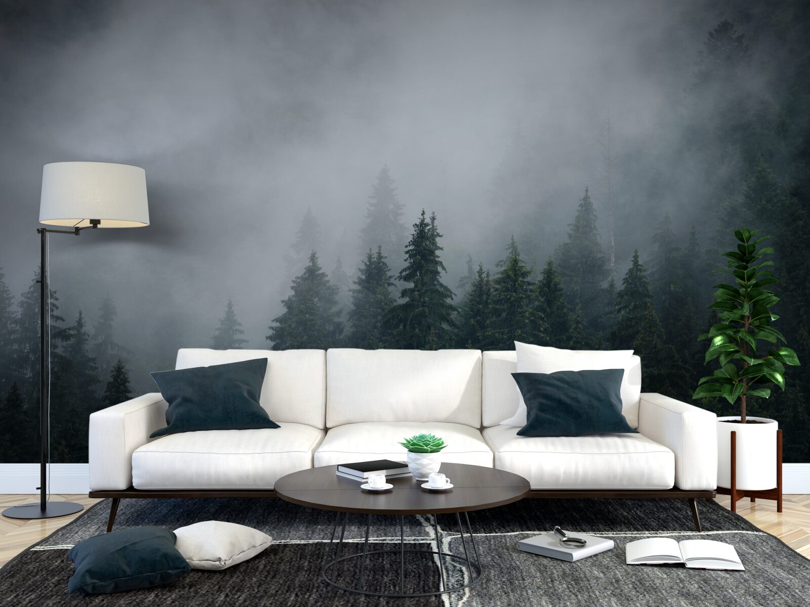 Fotobehang mist daalt neer op een bosje sparrenbomen