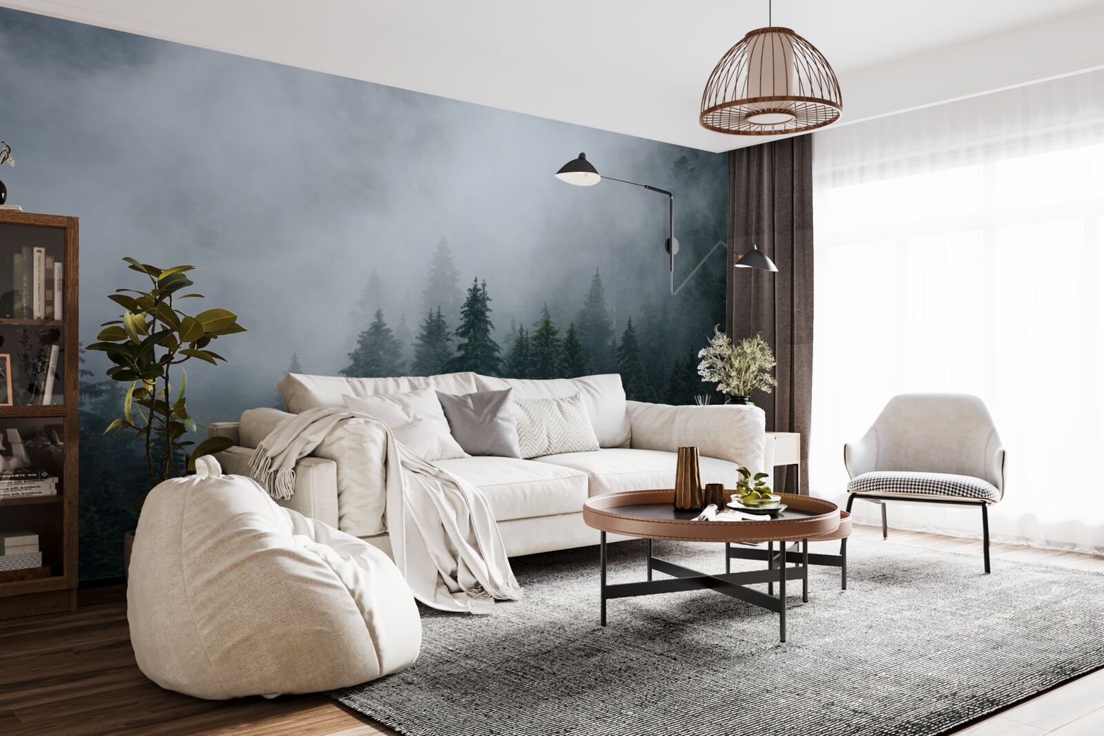 Fotobehang mist daalt neer op een bosje sparrenbomen