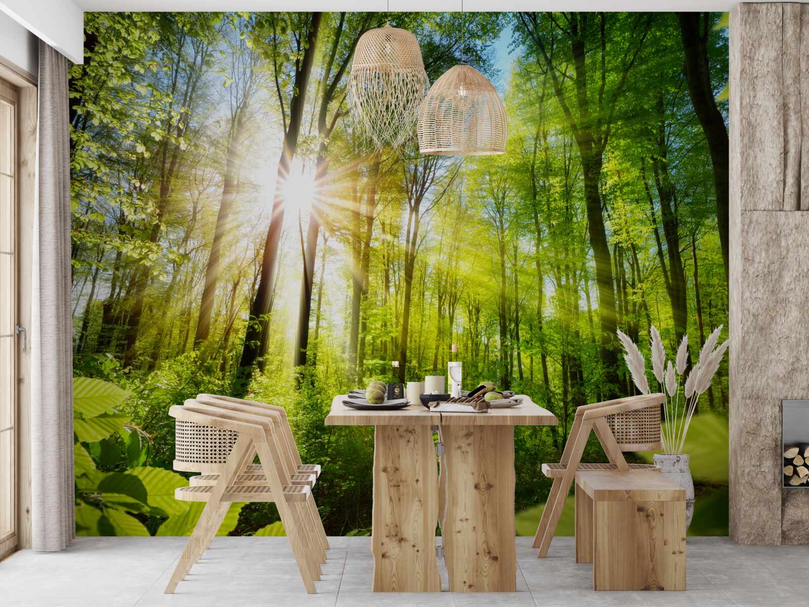 Fotobehang ochtendzon in een groen bos