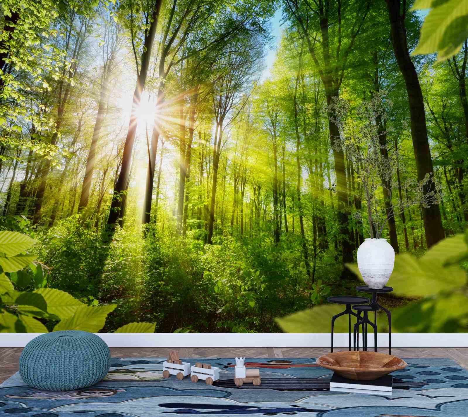 Fotobehang ochtendzon in een groen bos