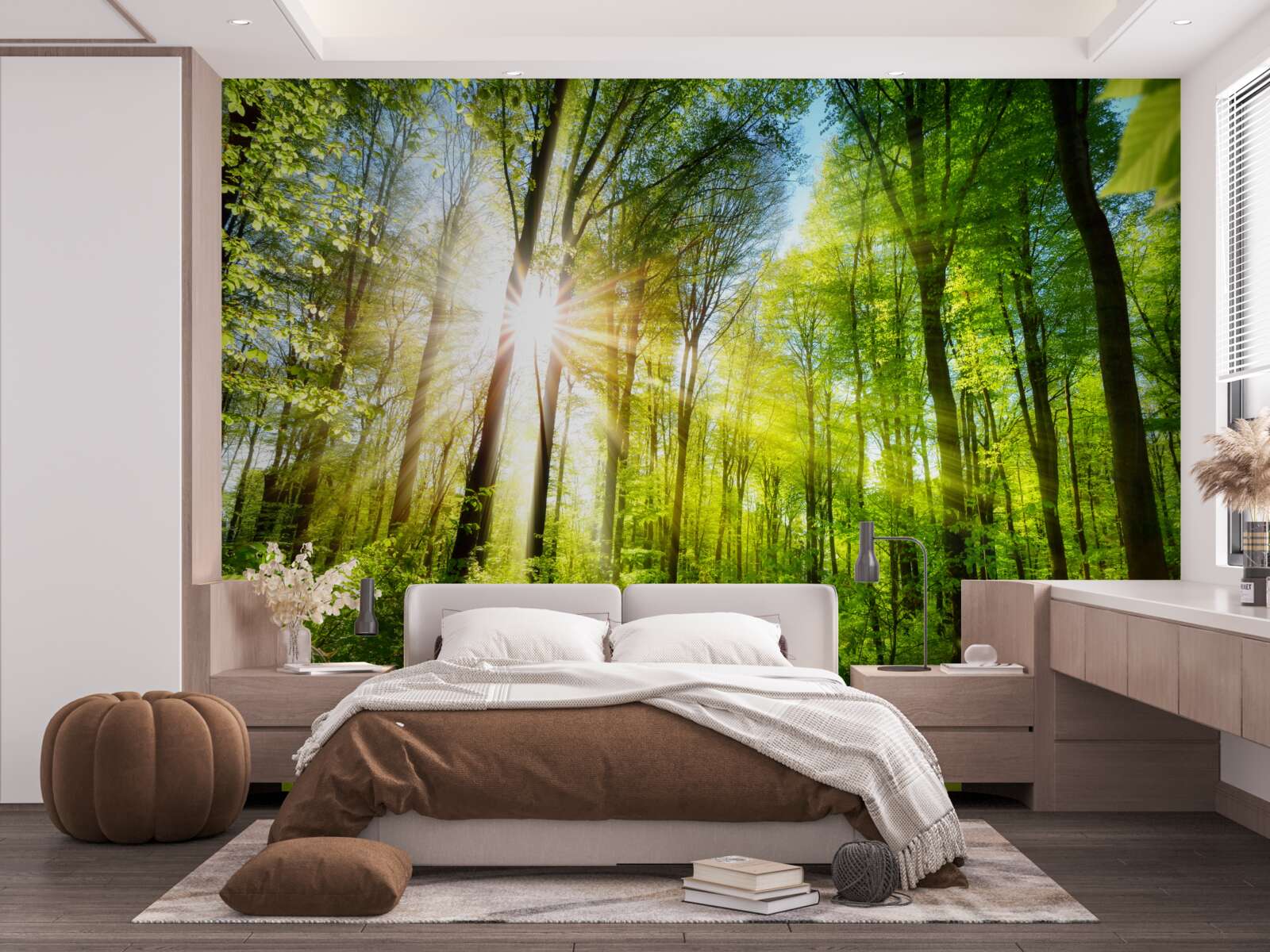 Fotobehang ochtendzon in een groen bos