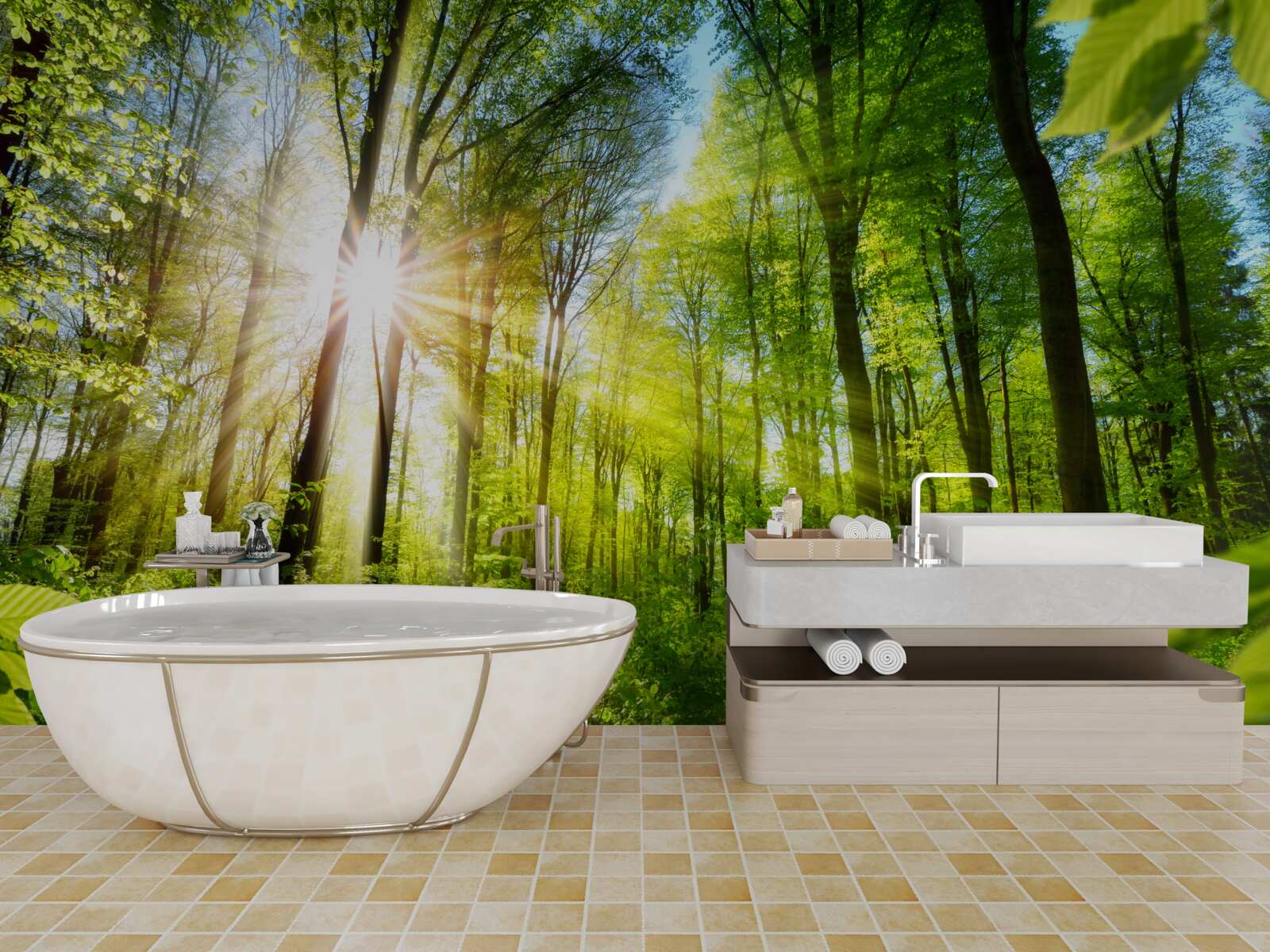 Fotobehang ochtendzon in een groen bos