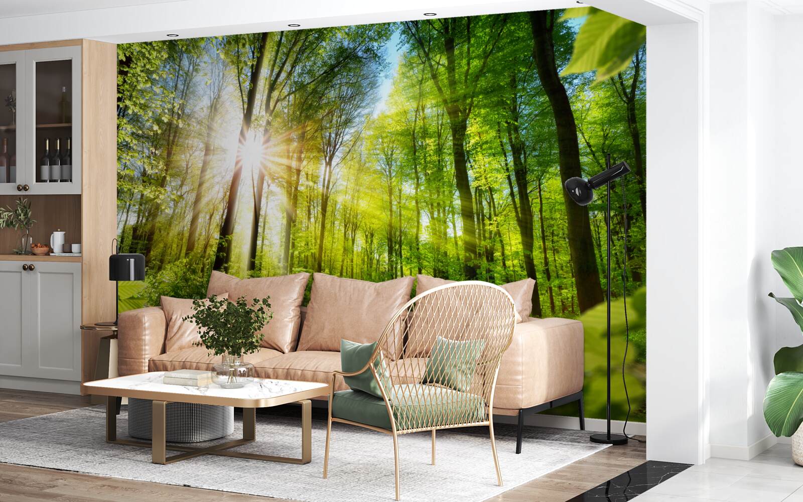 Fotobehang ochtendzon in een groen bos