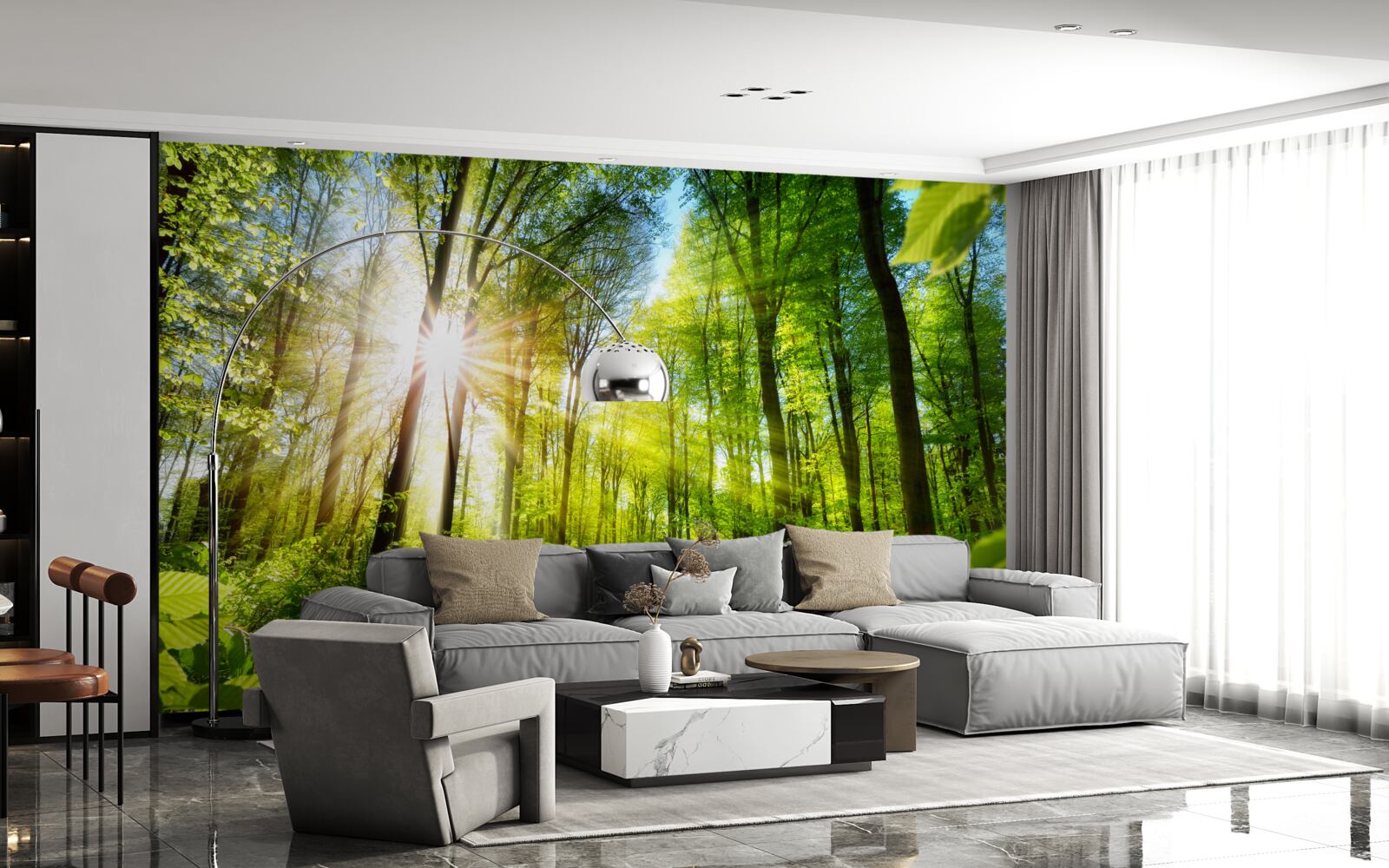 Fotobehang ochtendzon in een groen bos