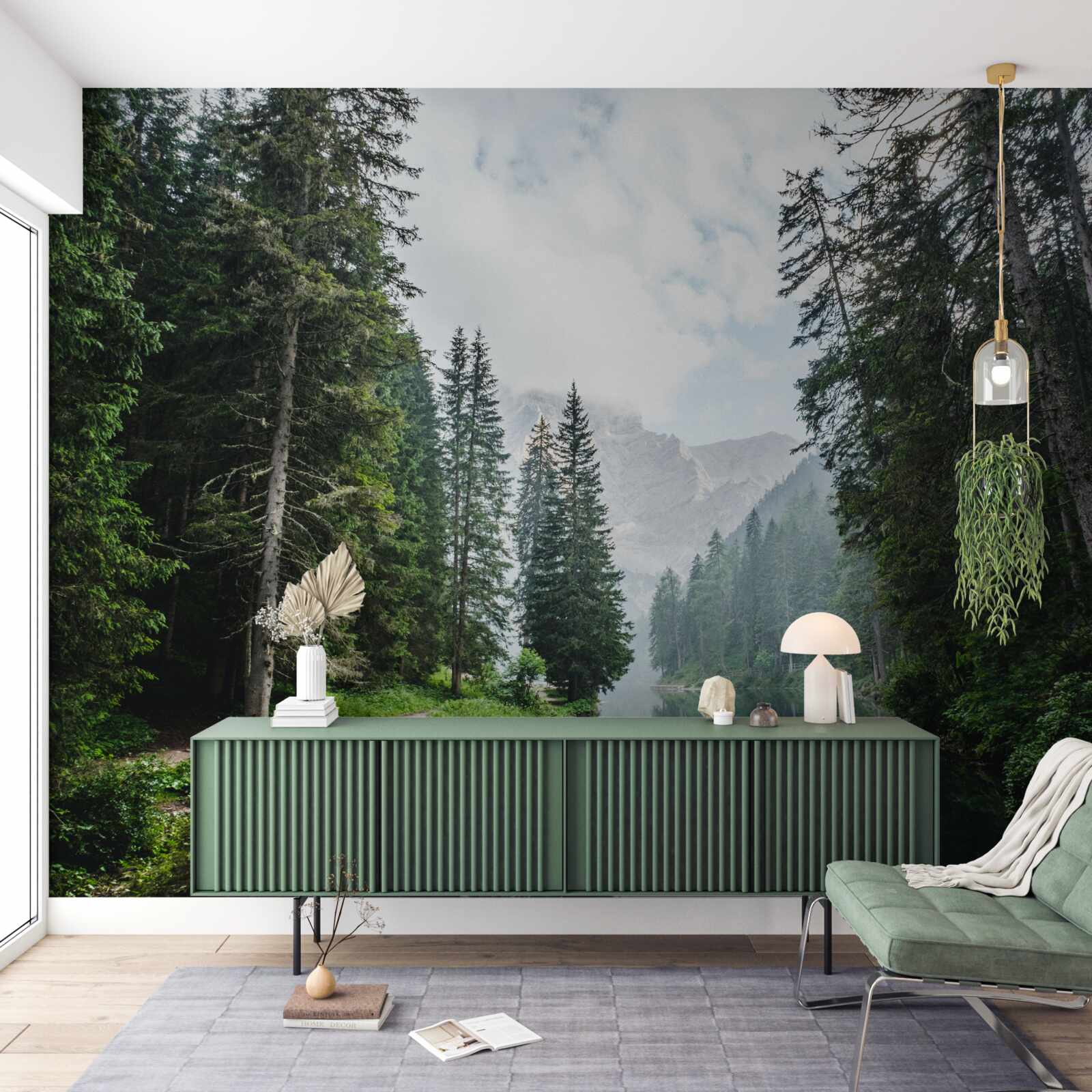 Fotobehang een vredige vijver in een dennenbos