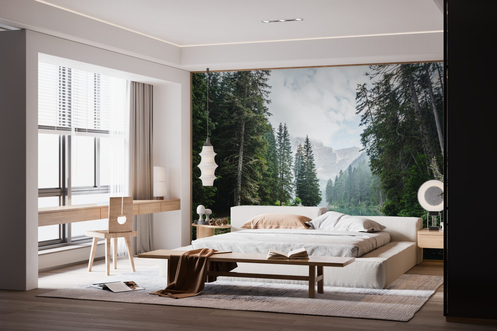 Fotobehang een vredige vijver in een dennenbos