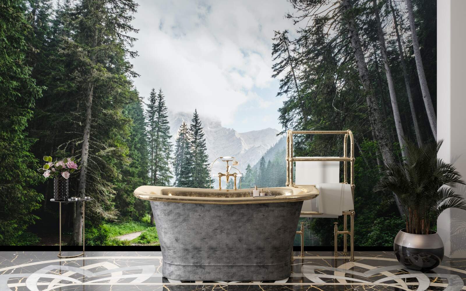 Fotobehang een vredige vijver in een dennenbos