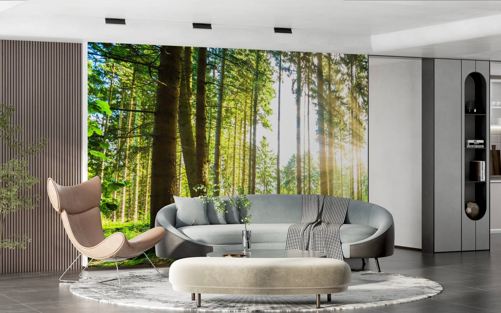 Fotobehang de zonnestralen dringen door tussen de hoge bomen