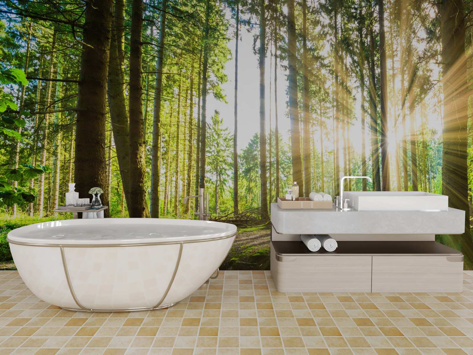 Fotobehang de zonnestralen dringen door tussen de hoge bomen