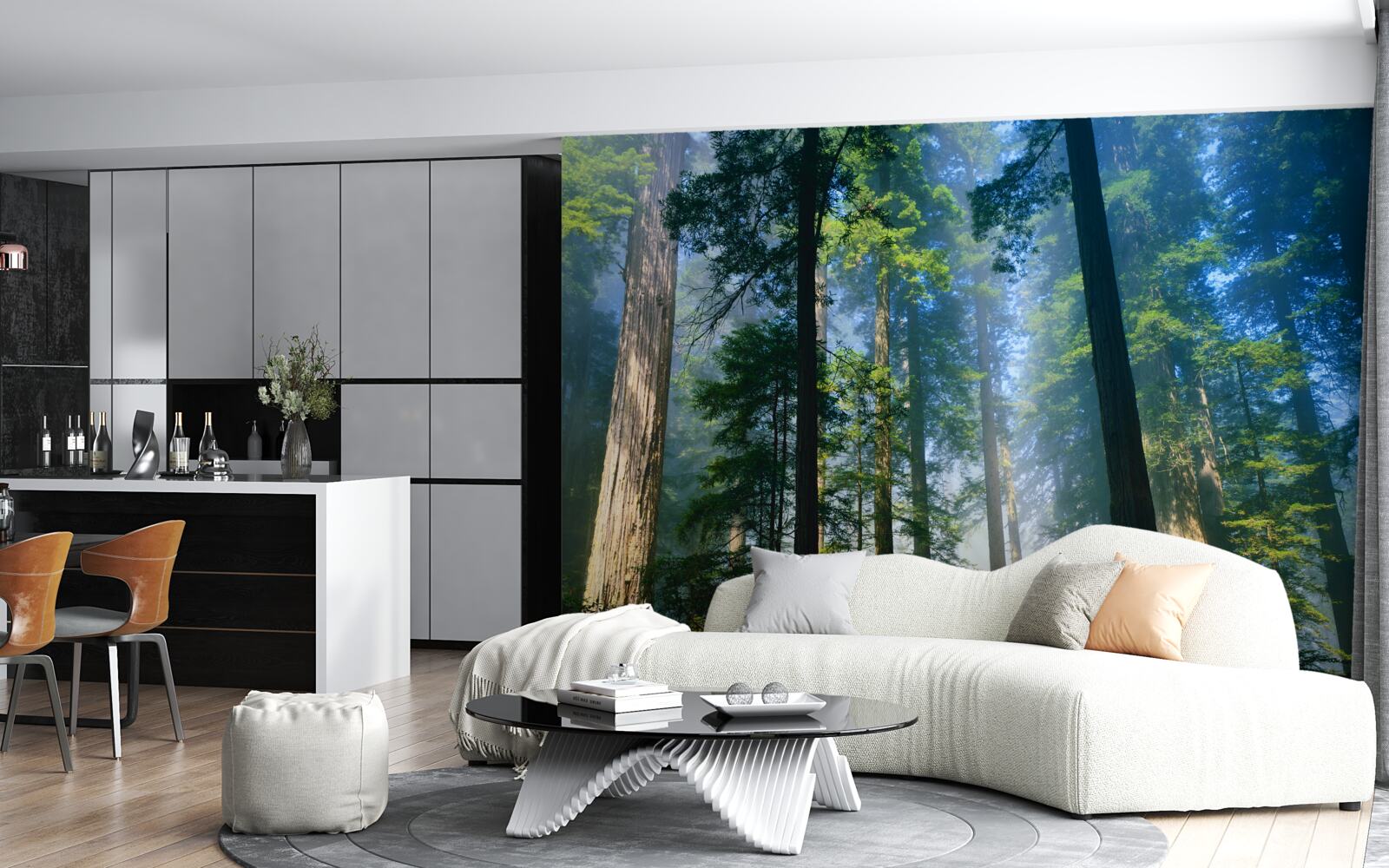 Fotobehang dunne mist tussen hoge bomen in het bos