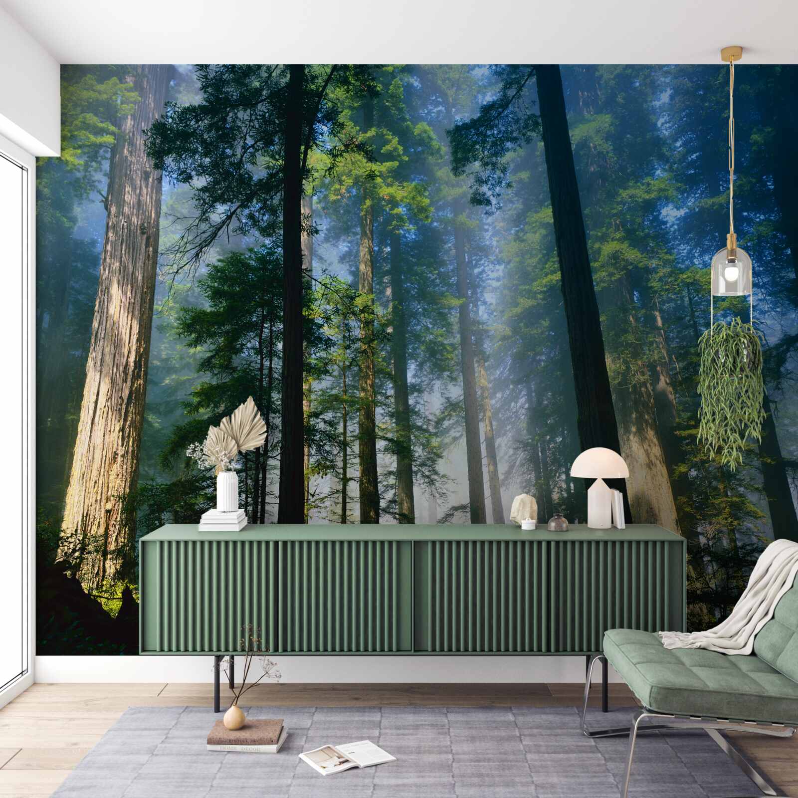 Fotobehang dunne mist tussen hoge bomen in het bos