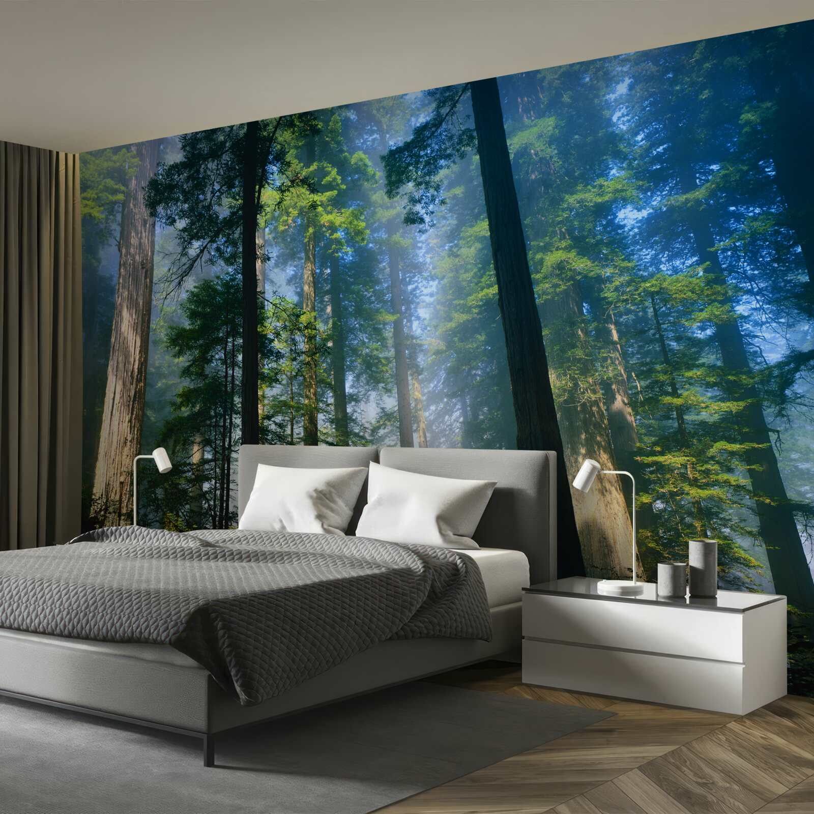 Fotobehang dunne mist tussen hoge bomen in het bos